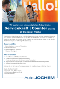 Stellenanzeige Servicekraft | Counter bei Auto-Jochem GmbH