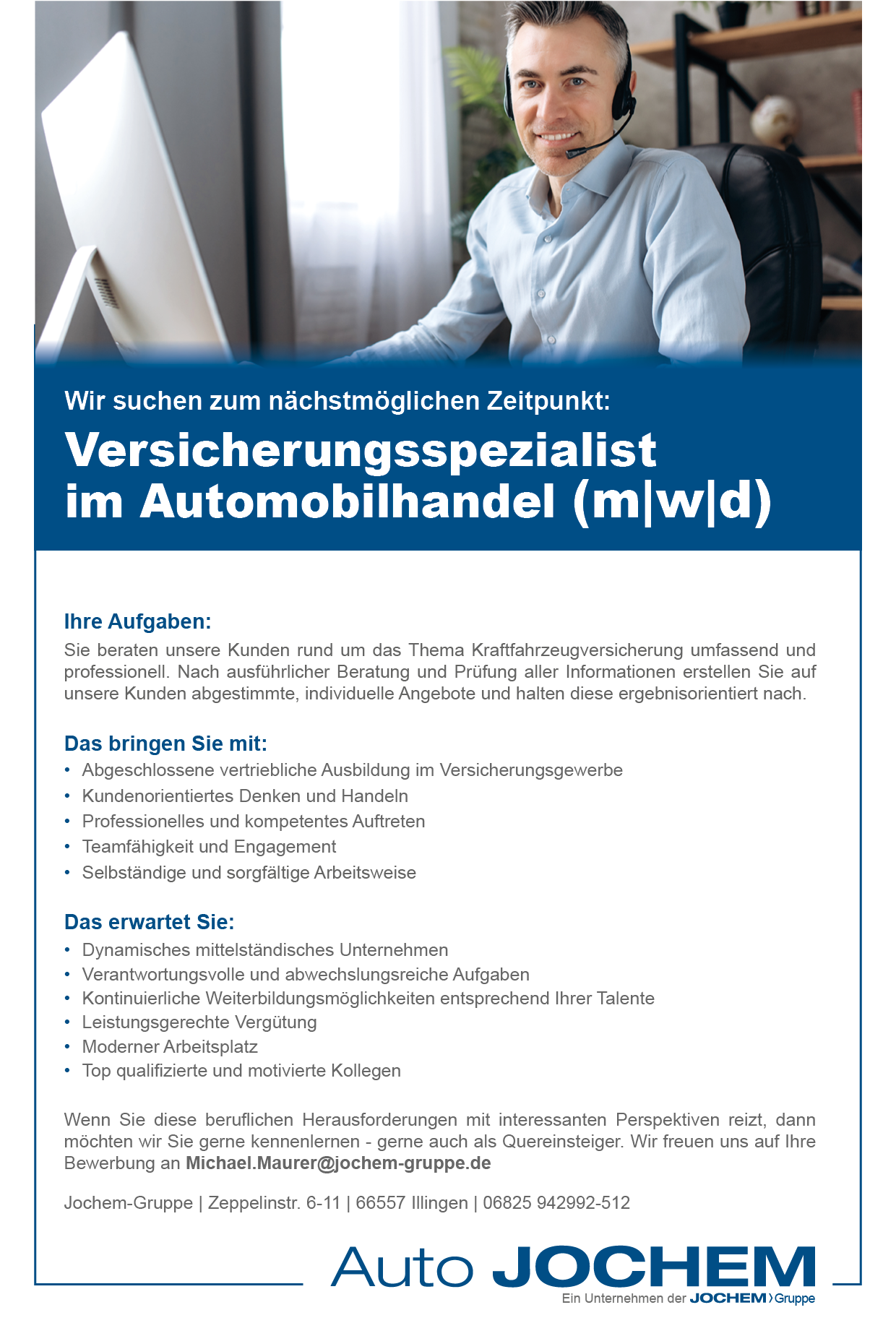 Stellenangebot Versicherungsspezialist (m/w/d) | Auto-Jochem GmbH